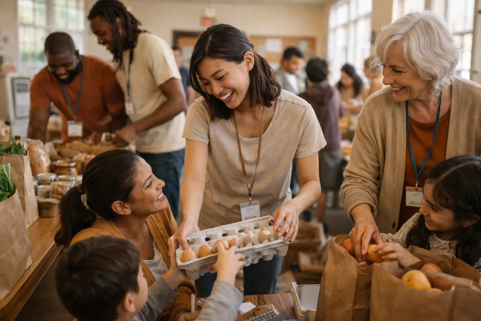 Diverse volunteers sorting groceries and supplies at a Bright Light community event